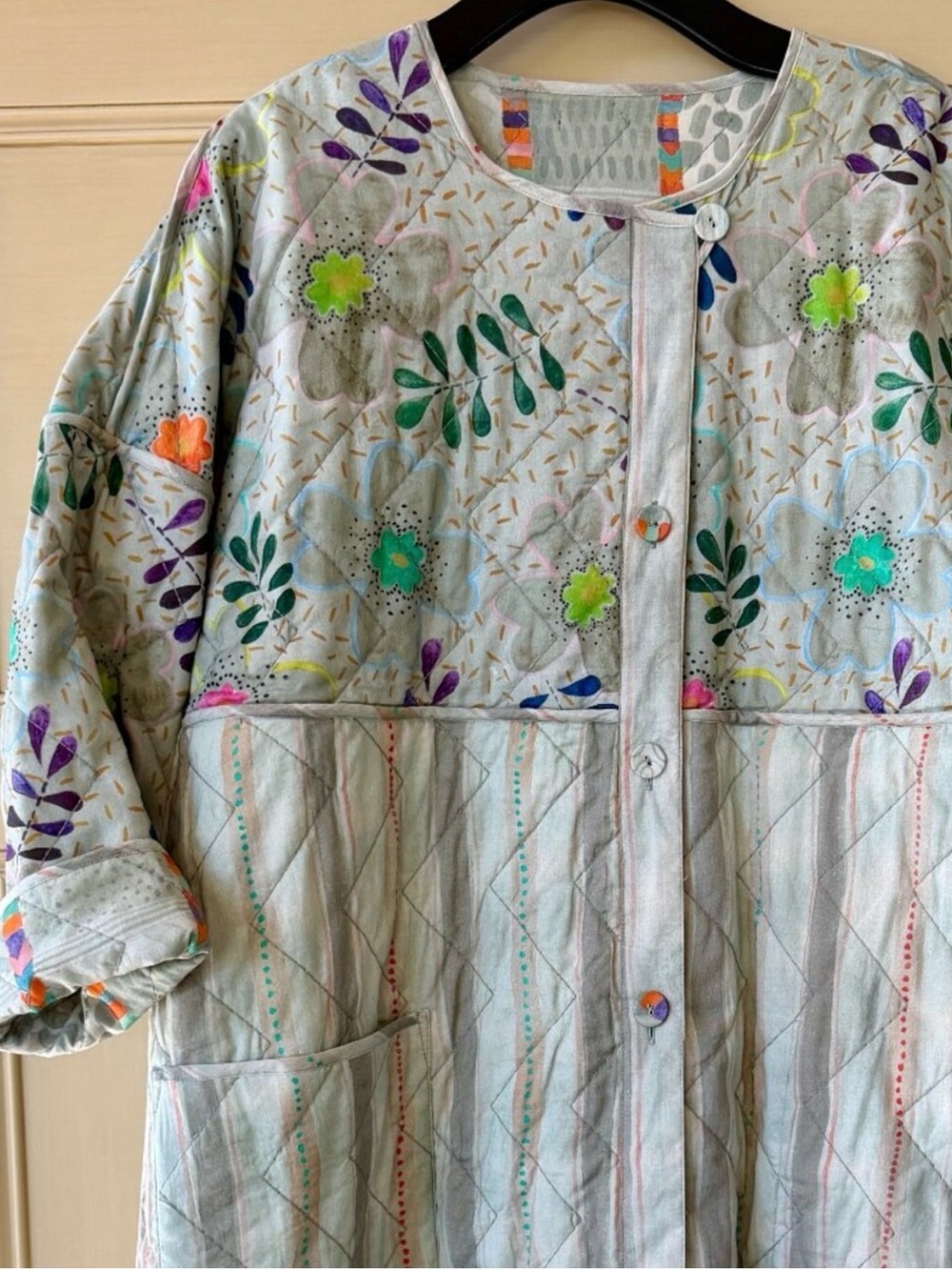 NWT Gudrun Sjoden WARM Quilted, REVERSIBLE Blue/Grey Floral Coat w Multicolor - Picture 2 of 13